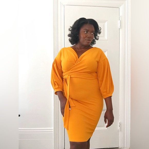 Yellow Mustard Bodycon Wrap Front Dress With Tie Long Sleeve in size (XL) - Picture 2 of 5